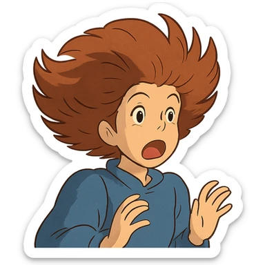 ghibli style character gasping with a dramatic wig sticker