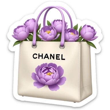 Realistic white chanel shopping bag with lilac peonies in it sticker