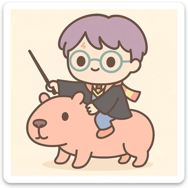 Create an image of a Harry Potter character riding a capybara. Use the same cute style and character design as the reference images. Keep the background minimal and simple to maintain focus on the character and capybara. The style should be consistent with the references provided. sticker