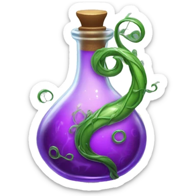 A glass potion bottle, filled with swirling purple liquid inside, that has beautiful twisting green vines wrapping around the outside of the bottle sticker