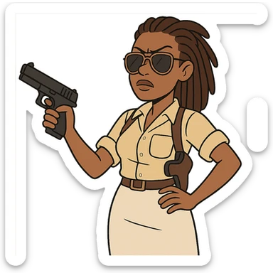 black female detective with dreadlocks, wearing aviator sunglasses, white skirt, shoulder holster, cartoon style sticker