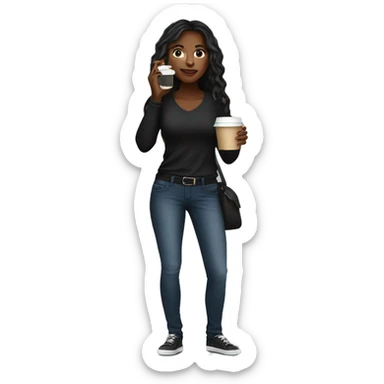 Black female with long hair talking on cellphone and holding a coffee wearing black shirt and jeans full length  sticker