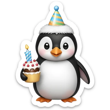 cute penguin with birthday hat hold a birthday cake in both arms sticker
