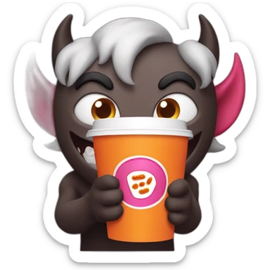 a demon holding a dunkin donuts coffee cup sticker