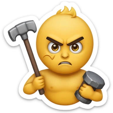 yellow round emoji with wild angry eyes holding a sledgehammer sticker