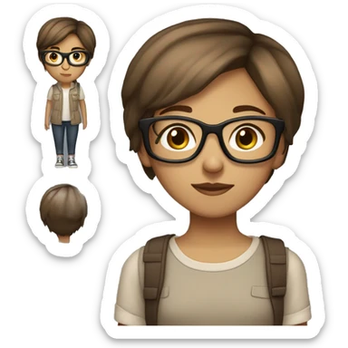 Girl with short brown tomboy haircut, brown eyes, light brown skin, dresses in Tomboy style clothes, wears glasses sticker