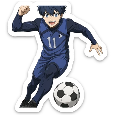 Isagi Yoichi, blue-haired soccer player, anime style, energetic pose sticker