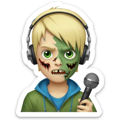 boy zombie whit blonde emo hair and eyes blue and GREEN SKIN and heandphones AND A MICROFONE AND GOLD TEETH and agesive face sticker