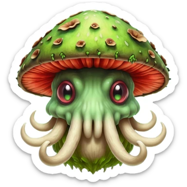 poisonous mushroom beast portrait, head and shoulders only, creature made mostly of mushroom flesh, thick mushroom cap head, layered fungal textures, toxic green spore glow, animal-like eyes, fantasy monster pet vibe, 3D cartoon, mobile game icon style, clean background, no text, no watermark

 sticker