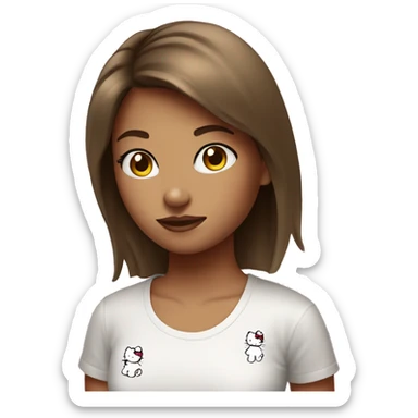 Girl with short straight brown hair wearing white hellokitty tshirt sticker