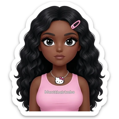 Long giant lashes, my melody hairclip, Doll faced shaped, hello kitty necklace, bimbo, black doll eyes, barbie, dark brown skin with long curls black hair, light pink bimbo sleeveless shirt says "bluntthab1mbo", big breast sticker