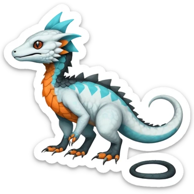 Rare realistic exotic cute white gloomy whitish and orange and cyan epic pretty beautiful handsome gorgeous aesthetic colorful vibrant Vernid-Trico-species-Fakemon-Salandit-hybrid-creature by LiLaiRa, 4 legs, 1 tail, random markings, (full body) sticker