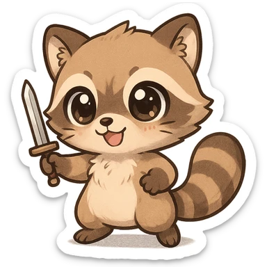adorable manga raccoon with a small sword, chibi style, big eyes, cute expression sticker