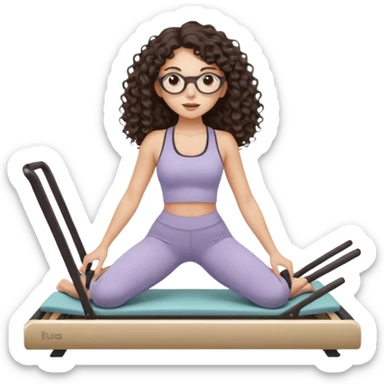 Memoji-style girl with long dark brown curly hair, round glasses, large brown eyes, soft rounded face,makeup, warm beige skin tone, wearing Pilates activewear performing Pilates and reformer Pilates exercises on a reformer machine, pastel color palette, smooth soft shading sticker