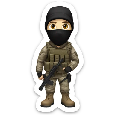 White male, call of duty black mask, camo tactical gear, tan combat boots, black beanie, blue eyes sticker