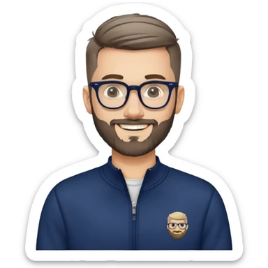Fair-skinned man with fade haircut (extremely short on sides, slightly longer on top), short salt and pepper beard, large black-framed glasses, smiling, wearing navy blue long sleeve zip sweatshirt sticker