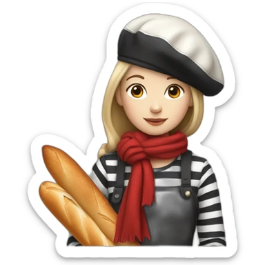 a french girl with a beret, black and white striped clothes, a red scarf and a baguette on his back. sticker