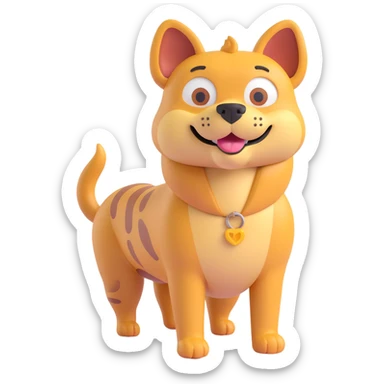catdog hybrid, body split between feline and canine features, 3D emoji style sticker