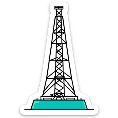 Drilling rig tower with simple lines, minimalist design with soft gradients in sky blue, teal green, white, and light gray sticker