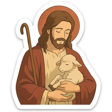 Jesus as the Good Shepherd, gentle and caring, holding a lamb, in ghibli style sticker