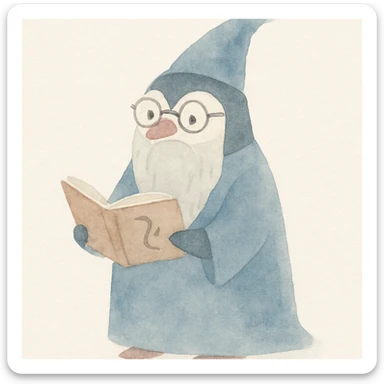 a wise penguin wizard with glasses, a long beard, and a blue robe, holding an open spellbook, soft storybook style sticker