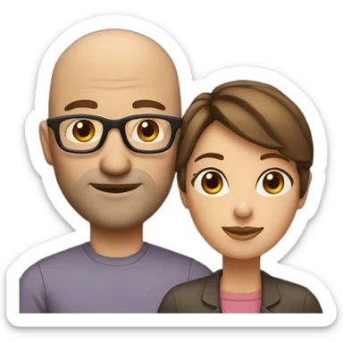 woman with brown hair and bald man with glasses sticker