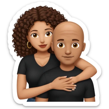 A mixed girl, the girl is wearing a black shirt, the girl has brown curly hair  and the girl has big boobs. A Mexican man is embracing her, with bald hair and clean shaven sticker