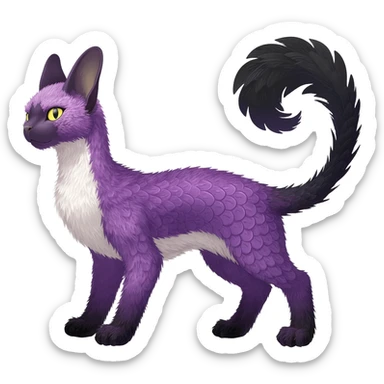 Furry, fluffy tropical flecked painted feathery scaly, Purple, white, black, Minccino-Sphynx-Lykoi-Linoone-Zangoose-fusion-hybrid-animal-Fakémon-creature, full body, thin long sleek scaly tail, intricate markings sticker