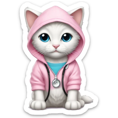 White rag doll kitten wearing pink hoodie diamond headband and stethoscope  sticker