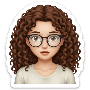 aesthetic white girl with brown, long curly hair, she wears an offwhite top and wears square glasses and her eyes are black sticker