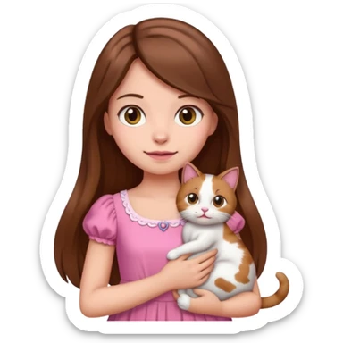 a girl with long hair dressed in pink holding a calico cat, emoji style, icon sticker