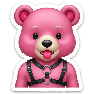 Gloomybear wearing black harness, red bubblegum in mouth sticker