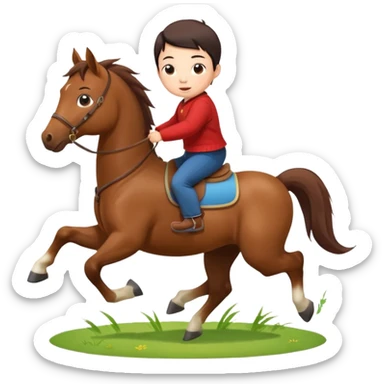 l little chinese baby riding on a  cute horse running really fast on the grass with 2026 year's label sticker