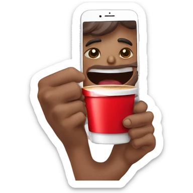 red cup of coffee to go holds phone in hands and takes selfie sticker