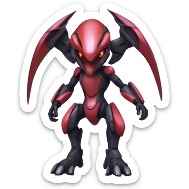 a shiny black-red Genesect-Raptor-Fakémon—hybrid with a futuristic visor-helmet full body sticker