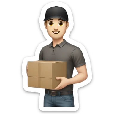 Pale skinned fit Man with dark brown hair in a black cap, gray jeans and brown polo T-shirt keeping a pasted with tape white box into his hands sticker