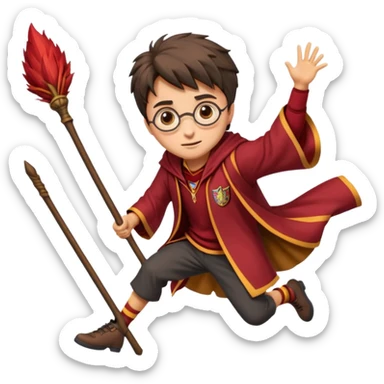 Cartoon-style illustration of Harry Potter flying on a broomstick, Gryffindor red and gold outfit, expressive face, dynamic motion, magical vibe, smooth shading, vibrant colors, no background, transparent background, isolated character. sticker
