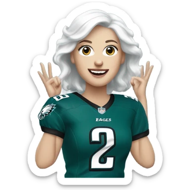 White female light skin white hair blue eyes wearing Philadelphia Eagles jersey cheering sticker