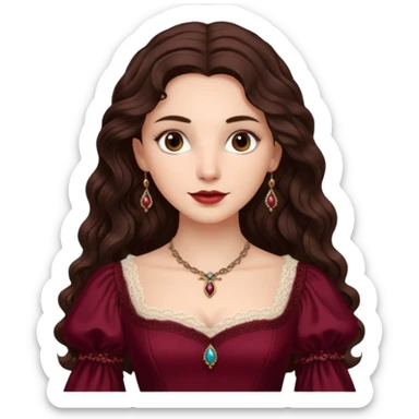 Renaissance lady – long dark brown wavy hair, burgundy gown with lace neckline sticker