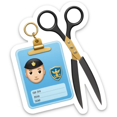 Floating black Scissors cutting in half a light blue idf soldier ID card with golden chip in 2 parts .hyper realistic sticker