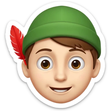 A cute 3D emoji head of a mischievous cartoon boy, fair skin, big expressive eyes, thick eyebrows, smiling with a slightly open mouth, brown hair, wearing a green pointed cap with a red feather, smooth sticker