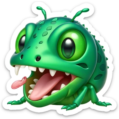 Cinematic Cute Yawning Green Bugdie Portrait Emoji, Head tilted slightly with a dramatic, wide-open yawn, showcasing a smooth, vibrant emerald exoskeleton with delicate patterns and tiny drooping antennae, round multifaceted eyes barely open in drowsy contentment, Simplified yet irresistibly adorable features, highly detailed, glowing with a soft, cozy glow, high shine, relaxed yet expressive, stylized with a touch of whimsy, bright and endearing, soft glowing outline, capturing the essence of a sleepy yet endearing insect, so drowsy it feels like it could stretch out of the screen and curl up for a nap! sticker