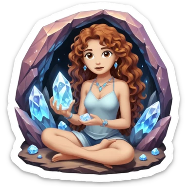 full body woman long curly brown hair brown eyes white skin tattoos sitting inside crystal cave opening, touching glowing quartz sticker
