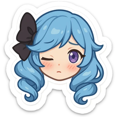 Gwen from League of Legends, shy emote, chibi style, only head, right eye purple, blushing sticker