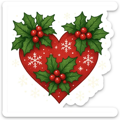 heart with Christmas theme, decorated with holly, red and green colors, snowflakes sticker