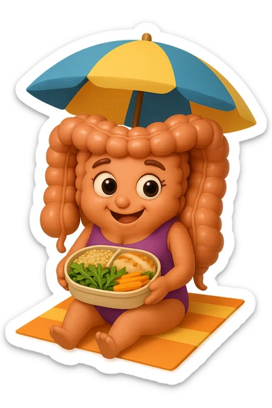 EMOJI STILE IPHONE DI INTESTINO DONNA CON COSTUME INTERO IN SPIAGGIA SEDUTO SU UNA SPIAGGINA SOTTO L'OMBRELLONE CON IN MANO UNA SCHISCETTA DI Insalata di quinoa e pollo con rucola e carote, iperrealistica 4k sticker