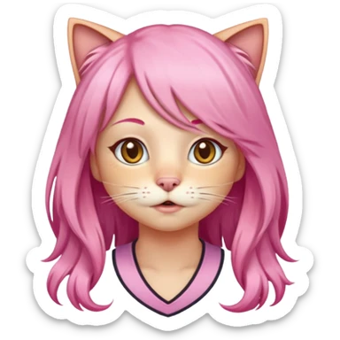 calico cat wear long pink hair wig sticker