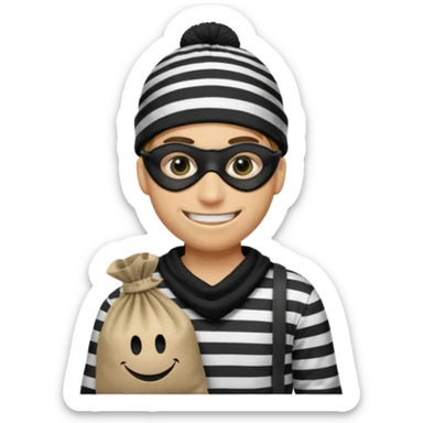 smiley robber wears black eye mask, black beanies and black and white stibes shirt with one money bag beside him sticker