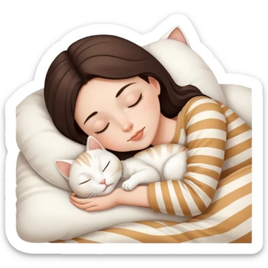 Brunette girl sleeping with white cat with beige stripes sticker