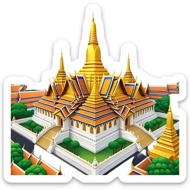 Cinematic Realistic Grand Palace Bangkok Landmark Emoji, showcasing the opulent golden spires, intricate Thai architecture, and the Emerald Buddha Temple set within a vibrant, manicured courtyard. sticker
